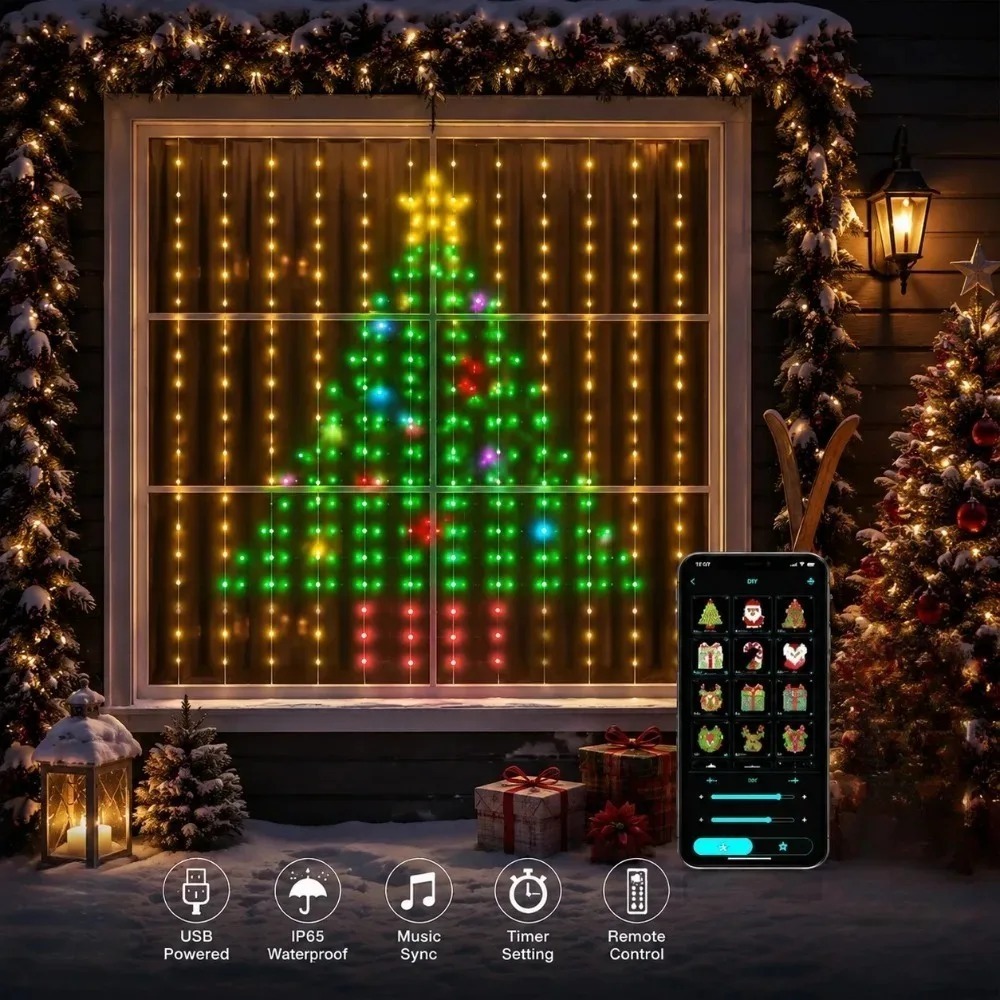 Smart Home App - LED-Pixel-Lichtvorhang mit Bluetooth-App-Steuerung, RGB-Smart-Lichterkette, DIY-Fensterdekoration für