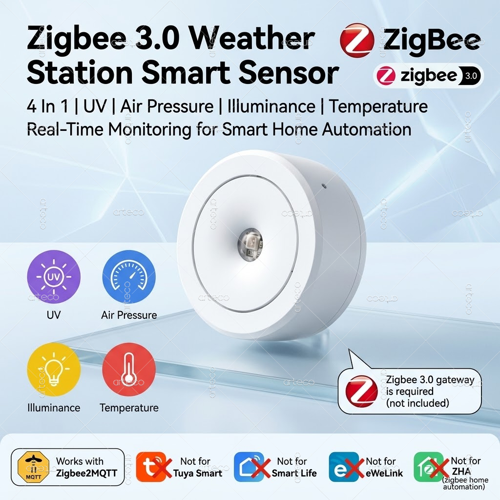 Smart Home Zentrale - Zigbee 3.0 4-in-1 Wetterstationssensor UV-/Atmosphärendruck-/Luminanz-/Temperaturmessgerät Kompatibel
